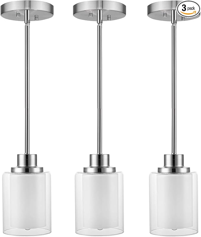 1-Light Mini Pendant Light Fixtures, 3 Pack Modern Brushed Nickel Hanging Ceiling Light with Dual Glass, Adjustable Height