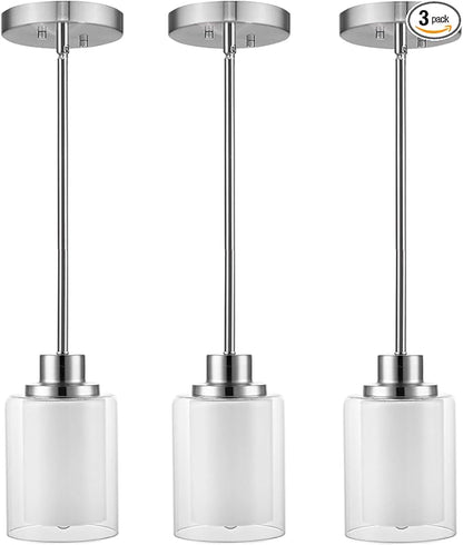 1-Light Mini Pendant Light Fixtures, 3 Pack Modern Brushed Nickel Hanging Ceiling Light with Dual Glass, Adjustable Height