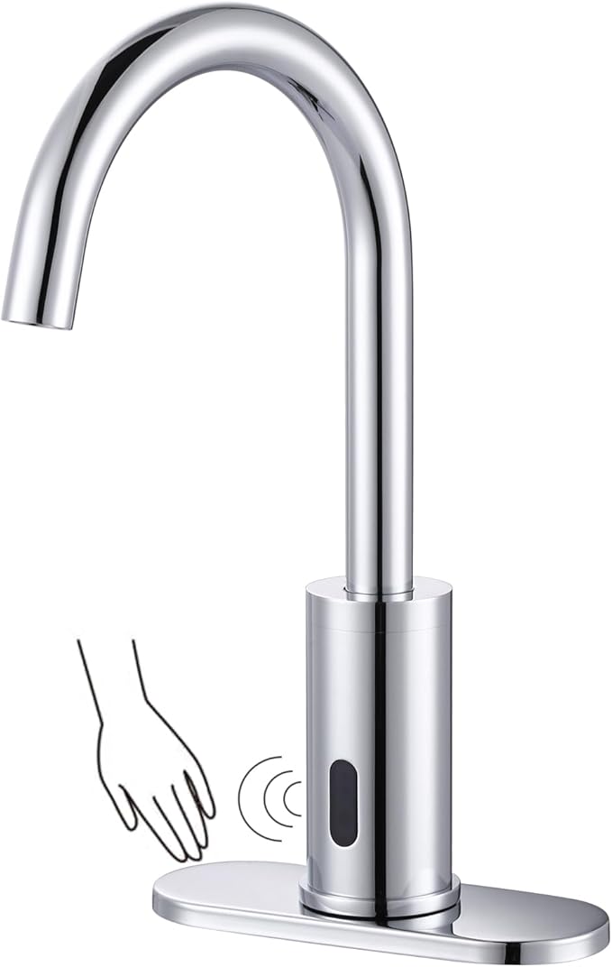 Touchless Motion Sensor Bathroom Faucet, Tall Automatic Bathroom Sink Faucet with Deck Plate, Control Box and Temperature Mixer for Vanity with Deck Plate, Chrome