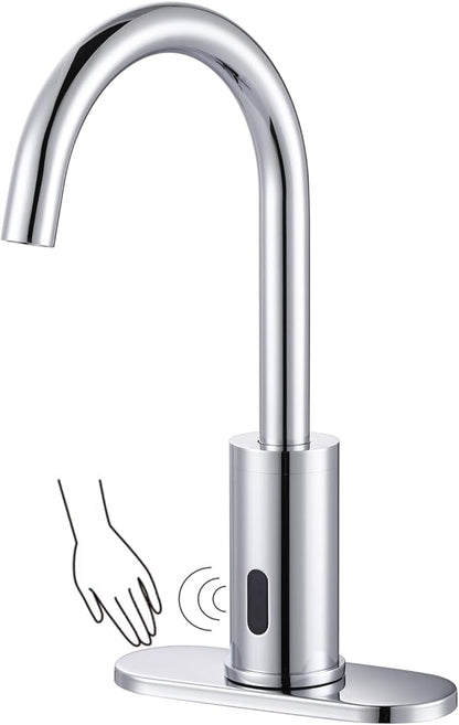 Touchless Motion Sensor Bathroom Faucet, Tall Automatic Bathroom Sink Faucet with Deck Plate, Control Box and Temperature Mixer for Vanity with Deck Plate, Chrome