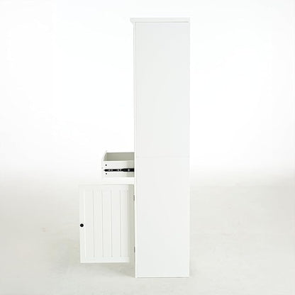 Merax 75" Tall Storage Cabinet 19.5" Narrow Cabinet with 1 Drawer & 1 Door & 2 Open Shelves, Retro White MDF Display Cabinet for Living Room Kitchen Bathroom Home Office