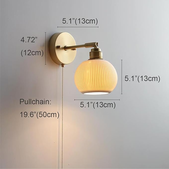 Vintage Wall Light Fixtures Ceramic Wall Lamp with White Globe Shade Gold Brass Wall Sconces Pull Chain Switch Wall Light for Bedroom Living Room Study Aisle