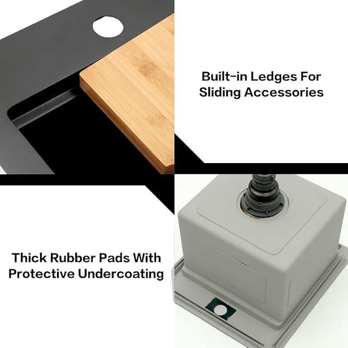 15 Inch Black Sink Drop In, 16 Gauge 304 Stainless Steel Workstaion Kitchen Sinks with Ledge & Accessories, 15" x 15" x10" Deep Bowl For Outdoor, RV,Prep Sink, and Wet Bar