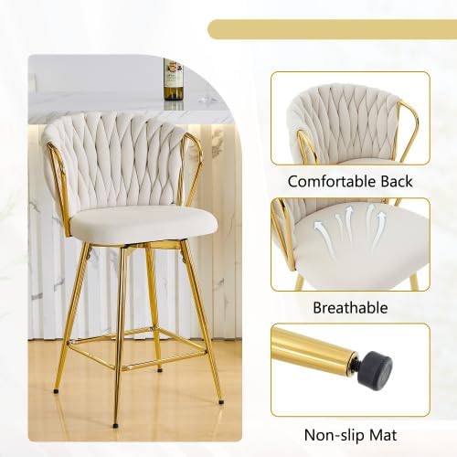 31'' Small Round Glass Cocktail Pub Table and Chairs Set of 4, Luxury Gold Bar Table & 4 Upholstered Island Chairs Counter Height Stools, Beige Barstools