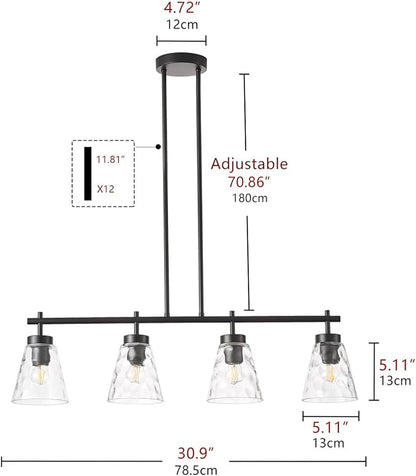 4-Light Kitchen Island Lighting, Modern 30.9 inch Black Island Chandelier with Glass Shade, Industrial Linear Pendant Lighting Over Table, Pendant Light Fixture for Dining Room