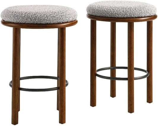Modway Fable 26 Inch Backless Counter Stools Set of 2 in Walnut Taupe - Kitchen Stools Counter Height - 2Pcs Upholstered Padded Boucle Seat for Kitchen Counter or Island with Wood Legs and Footrest