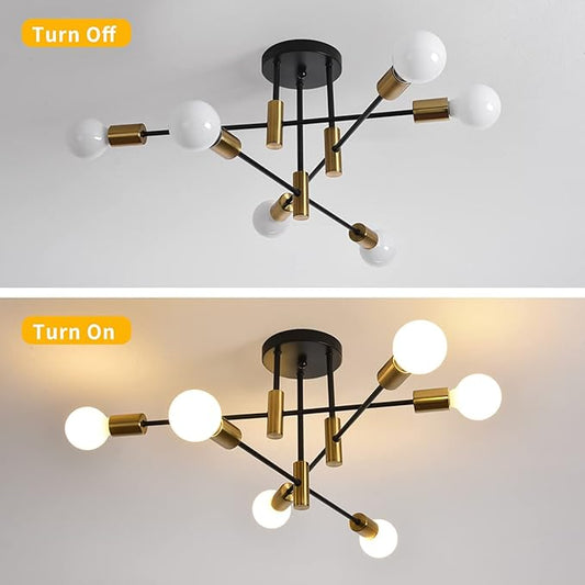 Garwarm Ceiling Light Fixture, 6-Lights Black and Gold Mid Century Semi Flush Mount Ceiling Light,Modern Sputnik Chandelier for Kitchen Dining Room Bedroom Entryway Hallway