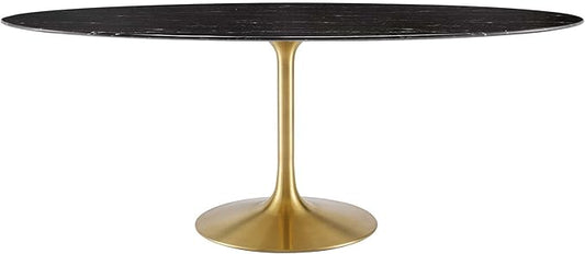 Modway Lippa Oval 78" Mid-Century Modern Artificial Marble Dining Table in Gold Black