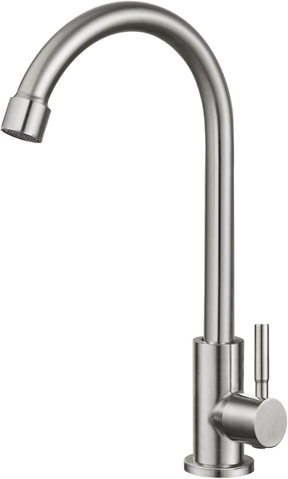 Heyalan Brushed Nickel Kitchen Faucet Cold Water Only 1 Hole Single Handle 360 Degree Swivel Spout Deck Mount High Arc SUS304 Sink Bar Tap Goose Neck with Hose and Longer Thread Pipe