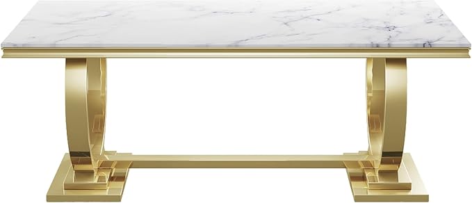 68" White Gold Marble Dining Table, Modern Kitchen Table with 0.79" Faux Marble Tabletop and Mirrored Stainless Steel Frame, Luxurious Rectangular Dining Room Table for Kitchen(No Chairs)