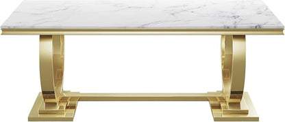 68" White Gold Marble Dining Table, Modern Kitchen Table with 0.79" Faux Marble Tabletop and Mirrored Stainless Steel Frame, Luxurious Rectangular Dining Room Table for Kitchen(No Chairs)