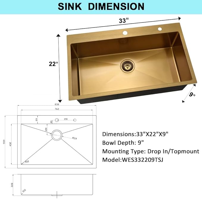 33 Inch Gold Drop In Kitchen Sink -Wesliv 33x22 Inch Gold Kitchen Sink Stainless Steel 18 Gauge 9 Inch Single Bowl Deep Sink with Soap Dispenser & Dish Grid