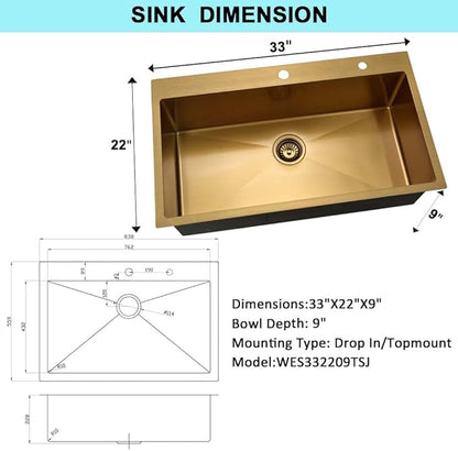 33 Inch Gold Drop In Kitchen Sink -Wesliv 33x22 Inch Gold Kitchen Sink Stainless Steel 18 Gauge 9 Inch Single Bowl Deep Sink with Soap Dispenser & Dish Grid
