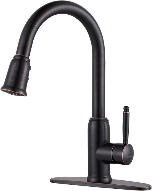 WOWOW Bronze Kitchen Faucet with Sprayer: 304 Stainless Steel Kitchen Sink Faucet High Arc Pull Down Design for 1 or 3 Hole, Vintage Style