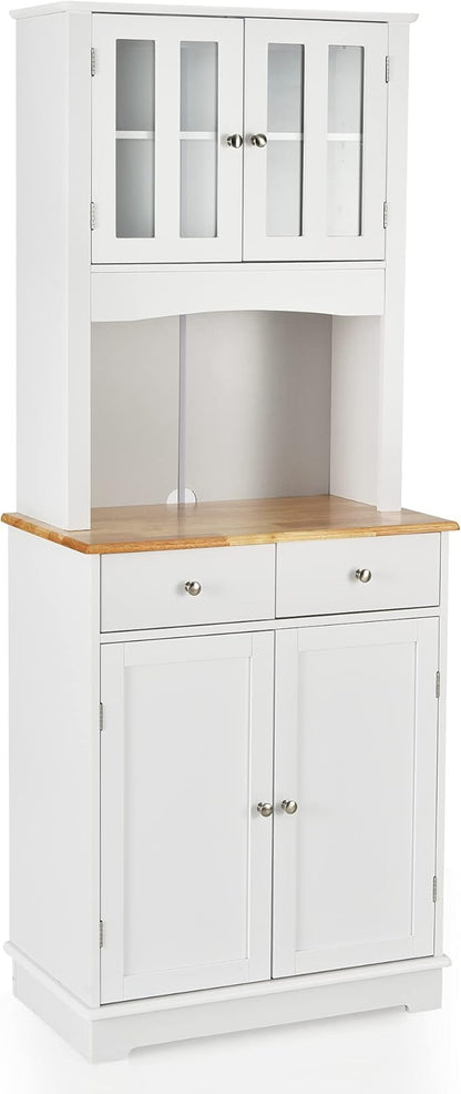 LOKO Kitchen Hutch Cabinet, Kitchen Cabinet with Framed Tempered Glass Doors, Flat Countertop and 2 Drawers, Kitchen Pantry Storage Cabinet with Adjustable Shelves, 27 x 16 x 67 inches (White)