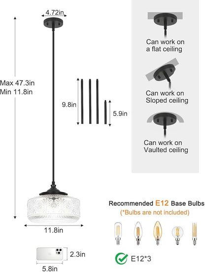Modern 3 Lights Drum Pendant Light with Etched Glass Shade, Adjustable Height Black Pendant Lights Kitchen Island, Chandelier for Dining Room, Bedroom, Hallway, Bathroom, E12 Base, Bulbs Not Included