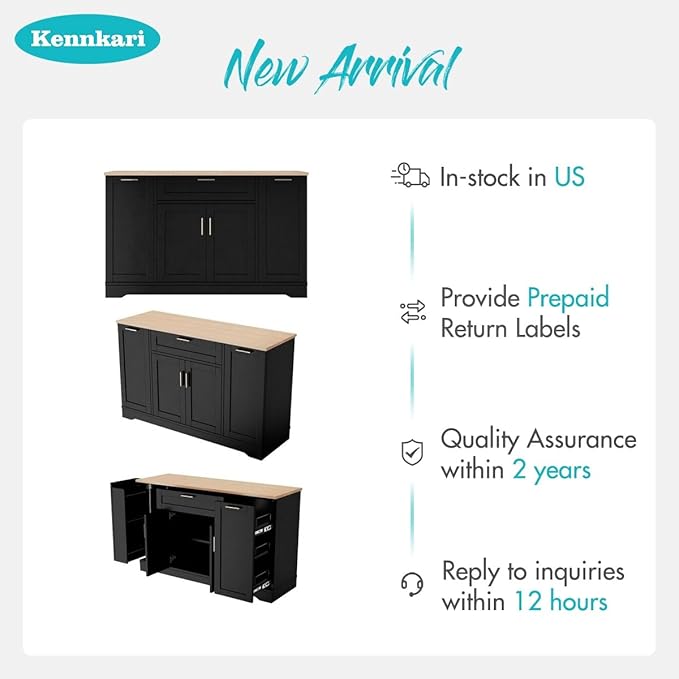53.7'' Multi-Functional Storage Sideboard with Adjustable Shelves, Mid-Century Modern Console Table with 3-Tier Pull-Out Rack, Kitchen Island for Kitchen, Dining Room and Living Room (Black)