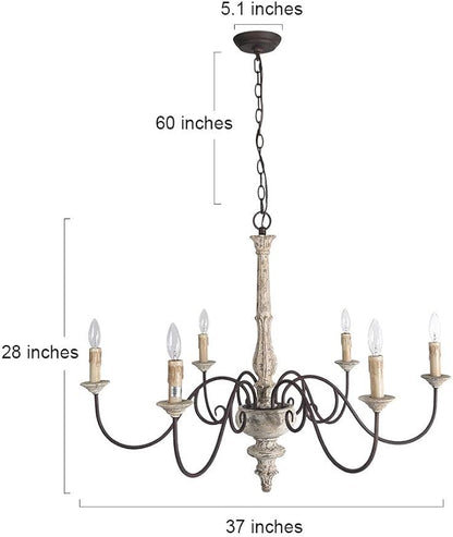 LALUZ Farmhouse Chandelier, French Country Chandelier for Dining Room, White Distressed Wood, 37” L x 28” H