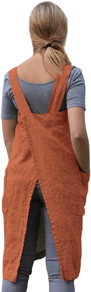 Larmliss Women's Pinafore Square Apron Baking Cooking Gardening Works Cross Back Cotton/Linen Blend Dress with 2 Pockets
