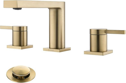 Luxury Brass Widespread Bathroom Sink Faucets for 3 Hole 2-Handle 8 Inch Deck Vanity Faucet & Stainless Steel Pop-up Drain Assembly, Brushed Gold
