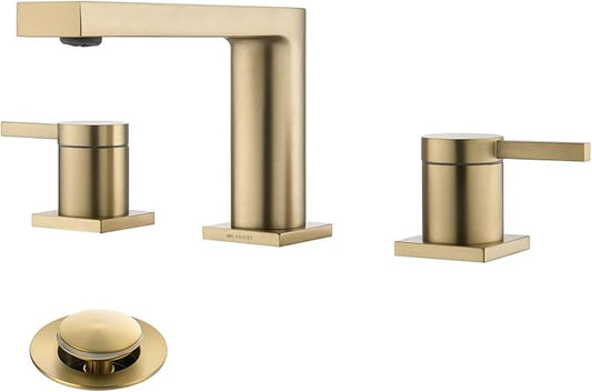 Luxury Brass Widespread Bathroom Sink Faucets for 3 Hole 2-Handle 8 Inch Deck Vanity Faucet & Stainless Steel Pop-up Drain Assembly, Brushed Gold