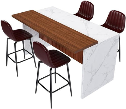 63 Inch Kitchen Island with 4 Deep Brown Bar Stools – White Marble Countertop, Integrated LED Lighting & Grille Design, Multi-Functional Breakfast Bar for Dining Rooms, (White+4dark Brown)
