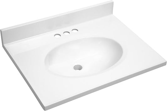 Design House Vanity Top With Sink, 4-Inch Backsplash, Cultured Marble, Stain-Resistant, Pre-Drilled Centerset Holes, White, 25 in W x 19 in D x 10.4 in H, 586180