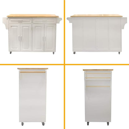 Kitchen Island & Kitchen Cart, Mobile Kitchen Island, Rubber Wood Top, Big & Adjustable Shelf Inside Cabinet for Different Utensils, Luxury Design Fits Parties at Different Sites