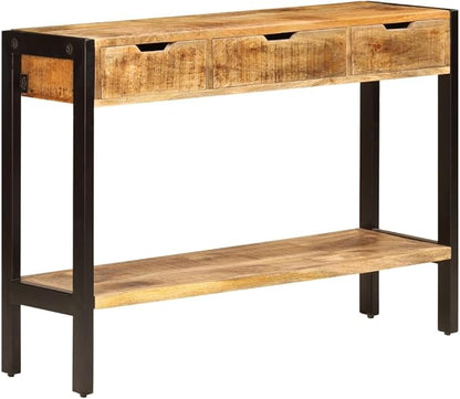 Brown Solid Mango Wood Sideboard, 43.3" Living Room Buffet Cabinet with 3 Drawers, Polished Finish, Powder-Coated Steel Frame, Vintage Console Table Furniture Kitchen Furnitur