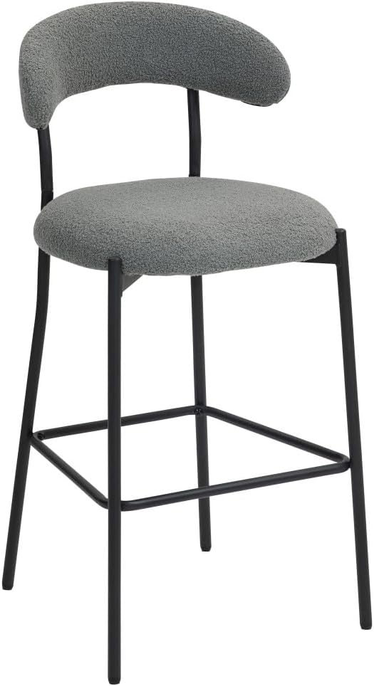 26" Counter Height Bar Stools - Teddy Fabric Upholstered Kitchen Island Stools with Black Powder-Coated Metal Base & Integrated Footrest, Modern Farmhouse Style(Grey)