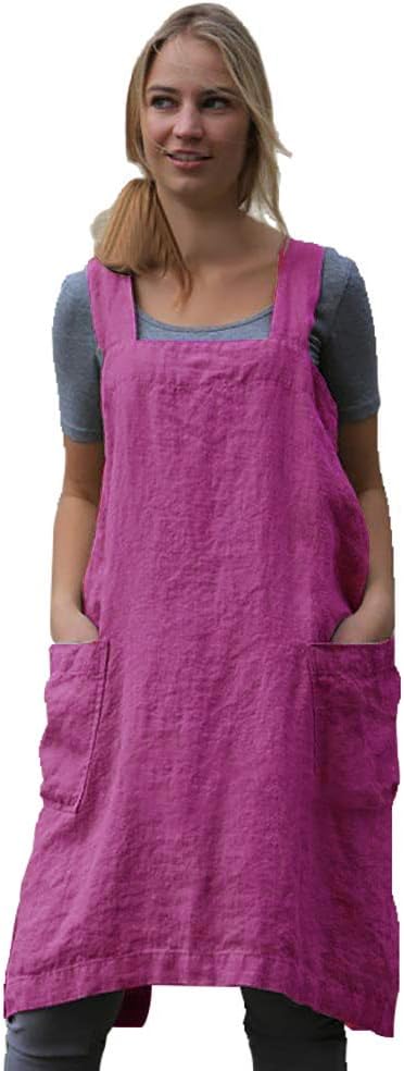 Larmliss Women's Pinafore Square Apron Baking Cooking Gardening Works Cross Back Cotton/Linen Blend Dress with 2 Pockets