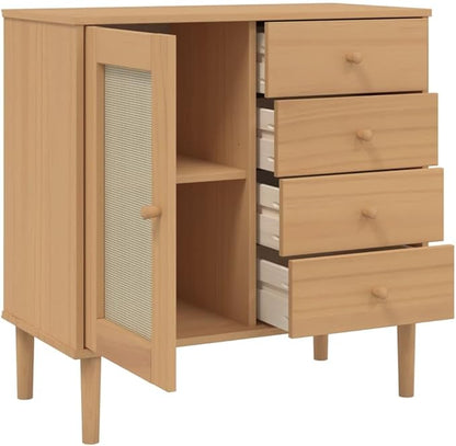 Brown Solid Pine Wood Sideboard, Rattan Look Buffet Cabinet with Drawers, 31.5 Inch Storage for Living Room, Hallway Furniture Kitchen Furnitur