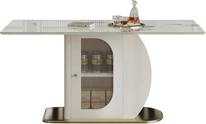 63" Modern Dining Table for 4-6 People - White Sintered Stone with Storage Shelf & Acrylic Cabinet