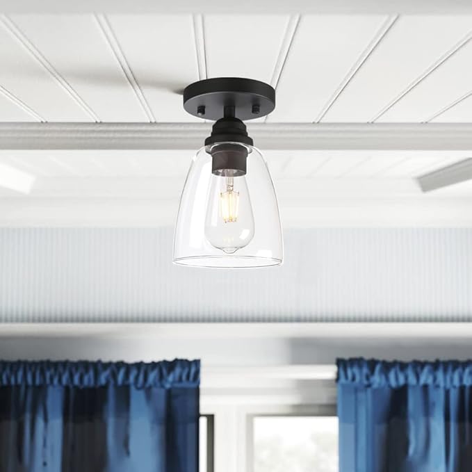 Yosoan Retro Semi Flush Mount Ceiling Light, 1-Light Vintage Industrial Hardwired 5.51'' Oval Cone Glass Shade for Kitchen Bathroom Cafe Corridor Hallway Entryway Passway (Black)