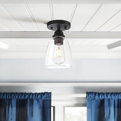 Yosoan Retro Semi Flush Mount Ceiling Light, 1-Light Vintage Industrial Hardwired 5.51'' Oval Cone Glass Shade for Kitchen Bathroom Cafe Corridor Hallway Entryway Passway (Black)