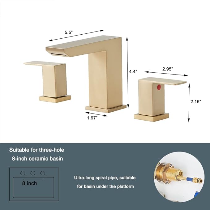 Brushed Gold Bathroom Sink Faucet, 3 Hole Waterfall Bathroom Faucet, 2 Handle Vanity Bath Faucets, Modern Bathroom Faucet with Supply Hoses and Drain