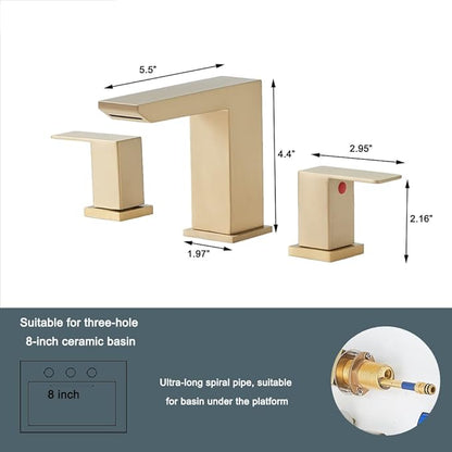 Brushed Gold Bathroom Sink Faucet, 3 Hole Waterfall Bathroom Faucet, 2 Handle Vanity Bath Faucets, Modern Bathroom Faucet with Supply Hoses and Drain