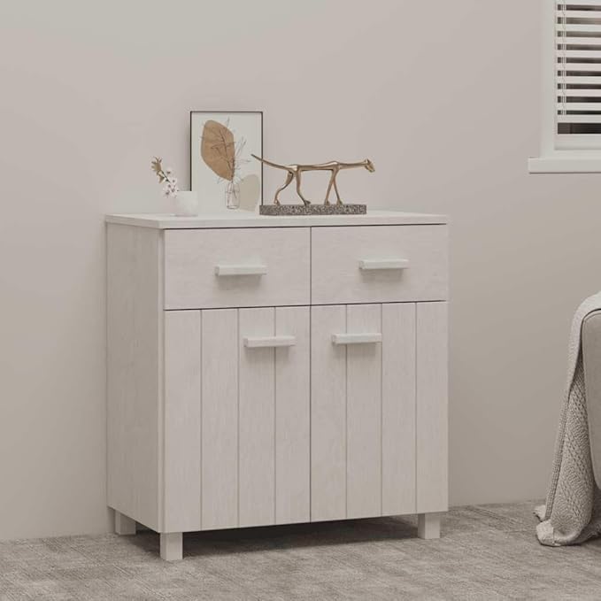 White Sideboard Buffet Cabinet with Storage, Solid Pine Wood Countertop, 31.1 x 15.7 x 31.5 in, Modern Console Table for Coffee Station, Dining Room, Kitchen or Entryway