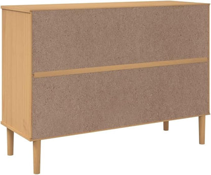 Brown Solid Pine Wood Sideboard, Engineered Wood Rattan Look Buffet Cabinet with 4 Drawers, 2 Sliding Doors, 44.1" Wide for Living Room, Dining Room Kitchen Furniture