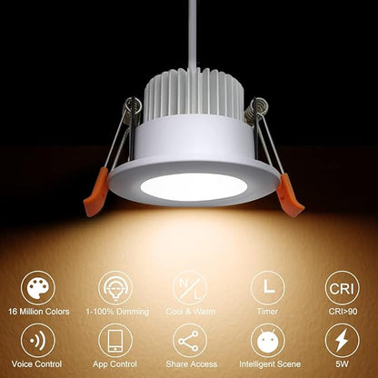 YGS-Tech Smart 2 Inch LED Recessed Lighting RGB WiFi Downlight, 5W Compatible with Alexa and Google Home, Dimmable RGB & CCT 2700-6500K Color Changing, 120V Ceiling Light with LED Driver (10 Pack)