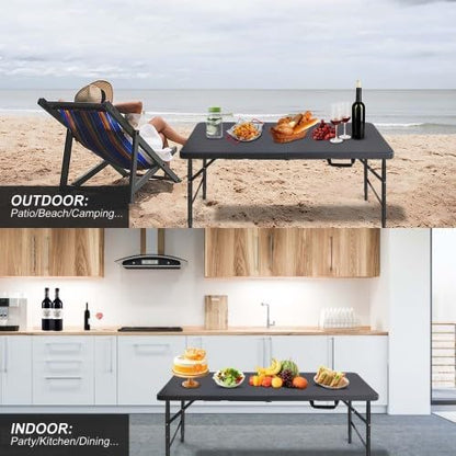 GlowSol Folding Table 4FT, Heavy Duty Portable Plastic Folding Table with Handle, Anti-Slip Feet, Waterproof, Easy to Clean, 300LBS Capacity, Foldable for Indoor Outdoor Use, Black