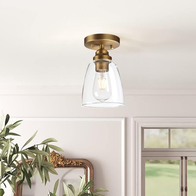 Yosoan Retro Semi Flush Mount Ceiling Light, 1-Light Vintage Industrial Hardwired 5.51'' Oval Cone Glass Shade for Kitchen Bathroom Cafe Corridor Hallway Entryway Passway(Antique)