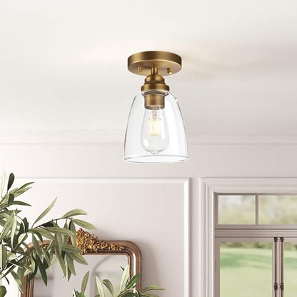 Yosoan Retro Semi Flush Mount Ceiling Light, 1-Light Vintage Industrial Hardwired 5.51'' Oval Cone Glass Shade for Kitchen Bathroom Cafe Corridor Hallway Entryway Passway(Antique)
