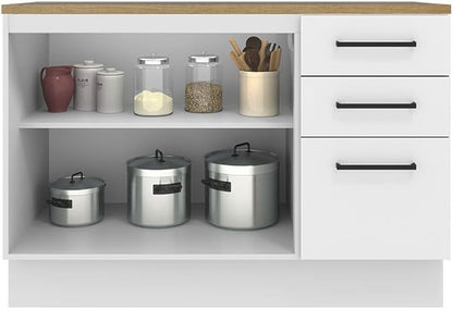 Madesa Hazel Kitchen Storage Buffet Base Cabinet with Adjustable Feet 47 Inch Engineered Wood Slab Doors Painted Finish Floor Mount Removable Plinth - White