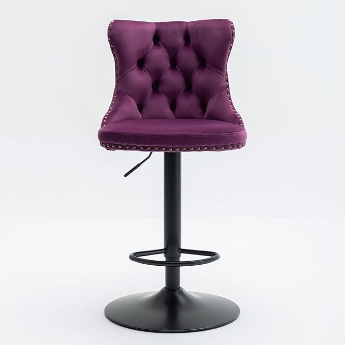 Swivel Velvet Bar stools Adjusatble Seat Height from 25 33 Inch,17.7inch Base, Upholstered Bar Stools with Backs Comfortable Tufted for Home Pub and Kitchen Island,Purple,Set of 2,SW1812PP ZP600