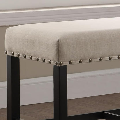 Counter Height Dining Bench in Tan Fabric with Nailhead Trim - Comfortable Seating for Kitchen Islands