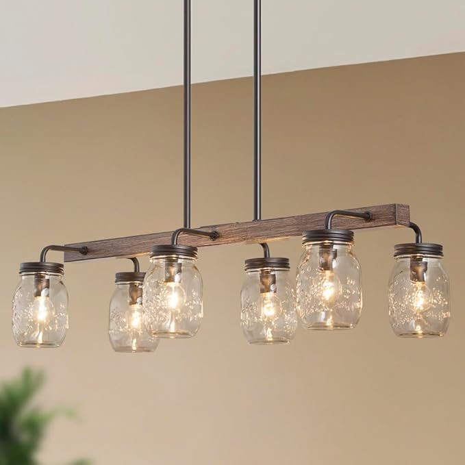 LOG BARN Farmhouse Chandeliers for Dining Room, 6-Light Rustic Dining Room Kitchen Chandelier Over Table, 27.5" L Mason Jar Faux Wood Kitchen Island Lighting