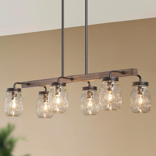 LOG BARN Farmhouse Chandeliers for Dining Room, 6-Light Rustic Dining Room Kitchen Chandelier Over Table, 27.5" L Mason Jar Faux Wood Kitchen Island Lighting