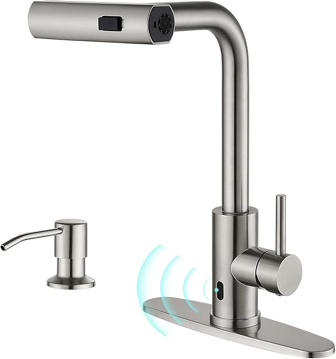 AVSIILE Brushed Nickel Touchless Kitchen Faucets with Pull Down Sprayer & Soap Dispenser, Single Hole & Handle, Pull Out Tap, Waterfall Stainless Steel Sink Faucet for Farmhouse Camper Laundry Rv Bar