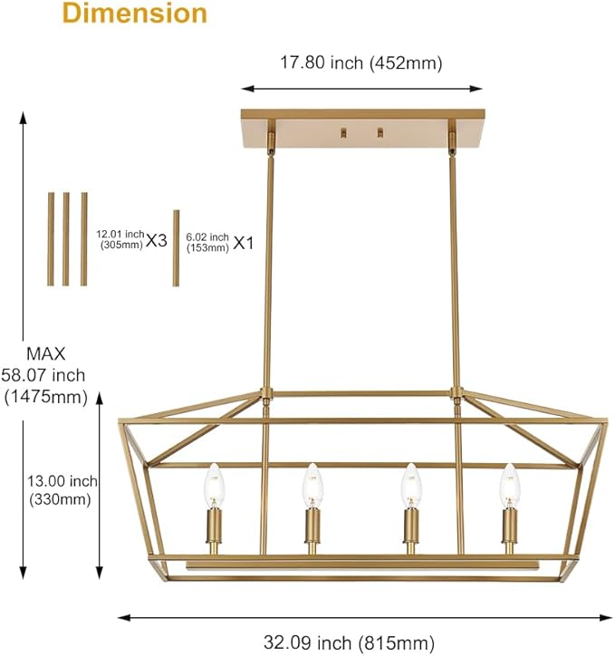BONLICHT Traditional Dining Room Linear Chandelier Brushed Brass 4 Light Farmhouse Kitchen Island Lantern Pendant Lighting Fixture Hanging Rectangle Gold Pendant Lamp for Restaurant Bar, E12 Base